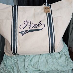 PINK Victoria's Secret Cream Tote with Green Stripes